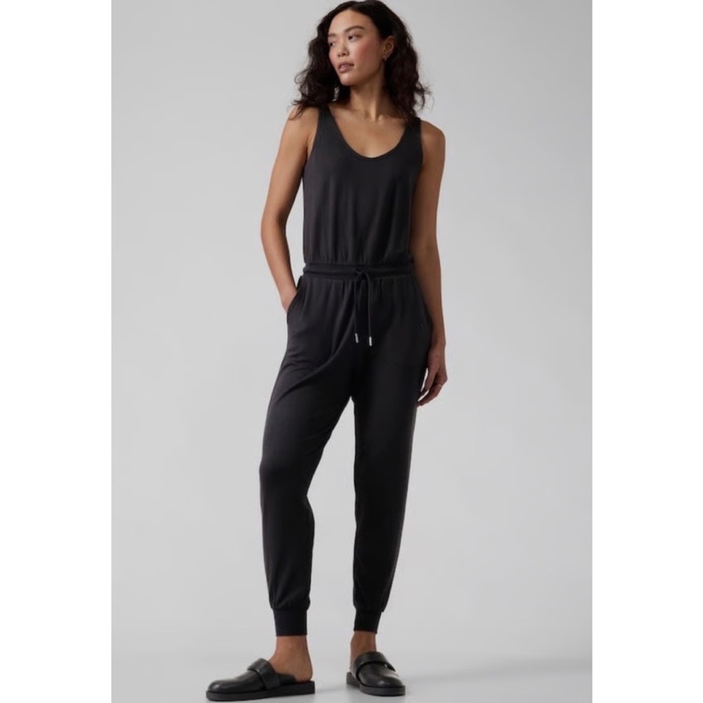 Athleta Balance Jogger Jumpsuit Black Athleisure Pockets Size S